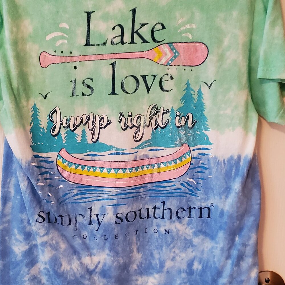 Simply Southern Green & Blue Tie Dye shirt Sz Med - Lake is Love, Jump Right In